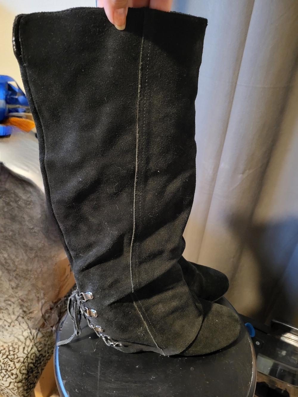 Women's Black Suede Mid-Calf Lace-Back Naughty Monkey Boots, 9.5